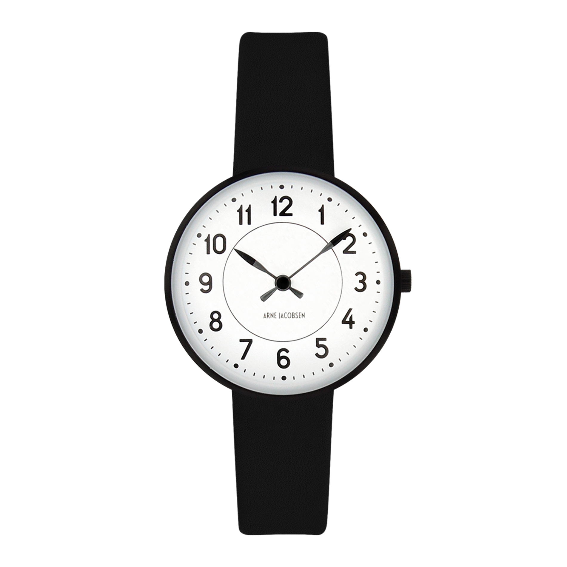 Arne Jacobsen Station dameur 30 mm med hvid urskive og sort læderrem