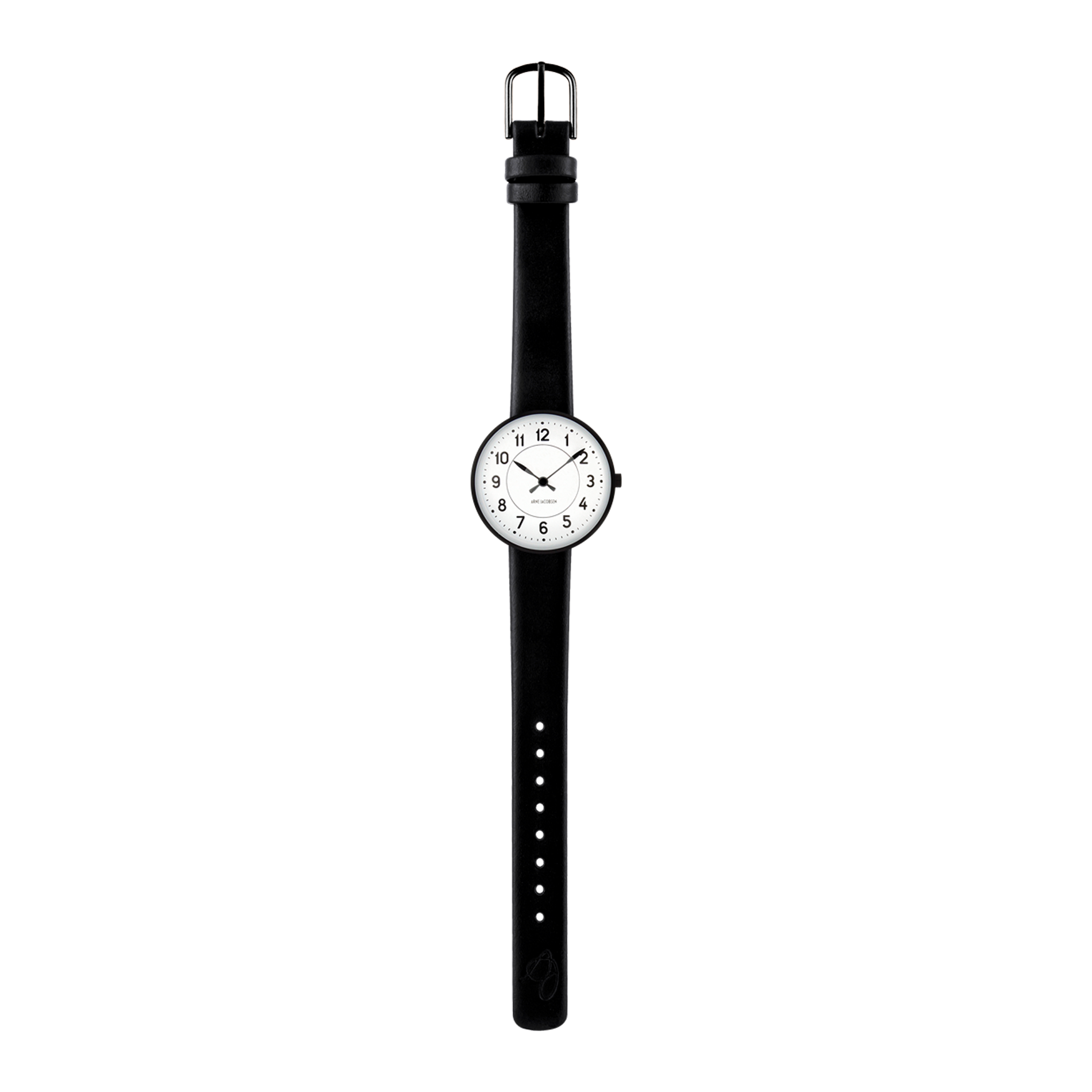 Arne Jacobsen Station ur med sort rem og hvid urskive i fuld længde