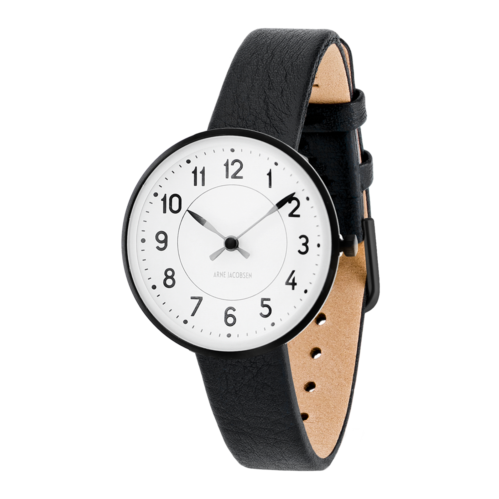 Sideprofil af Arne Jacobsen Station ur 30 mm med sort læderrem
