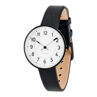 Sideprofil af Arne Jacobsen Station ur 30 mm med sort læderrem