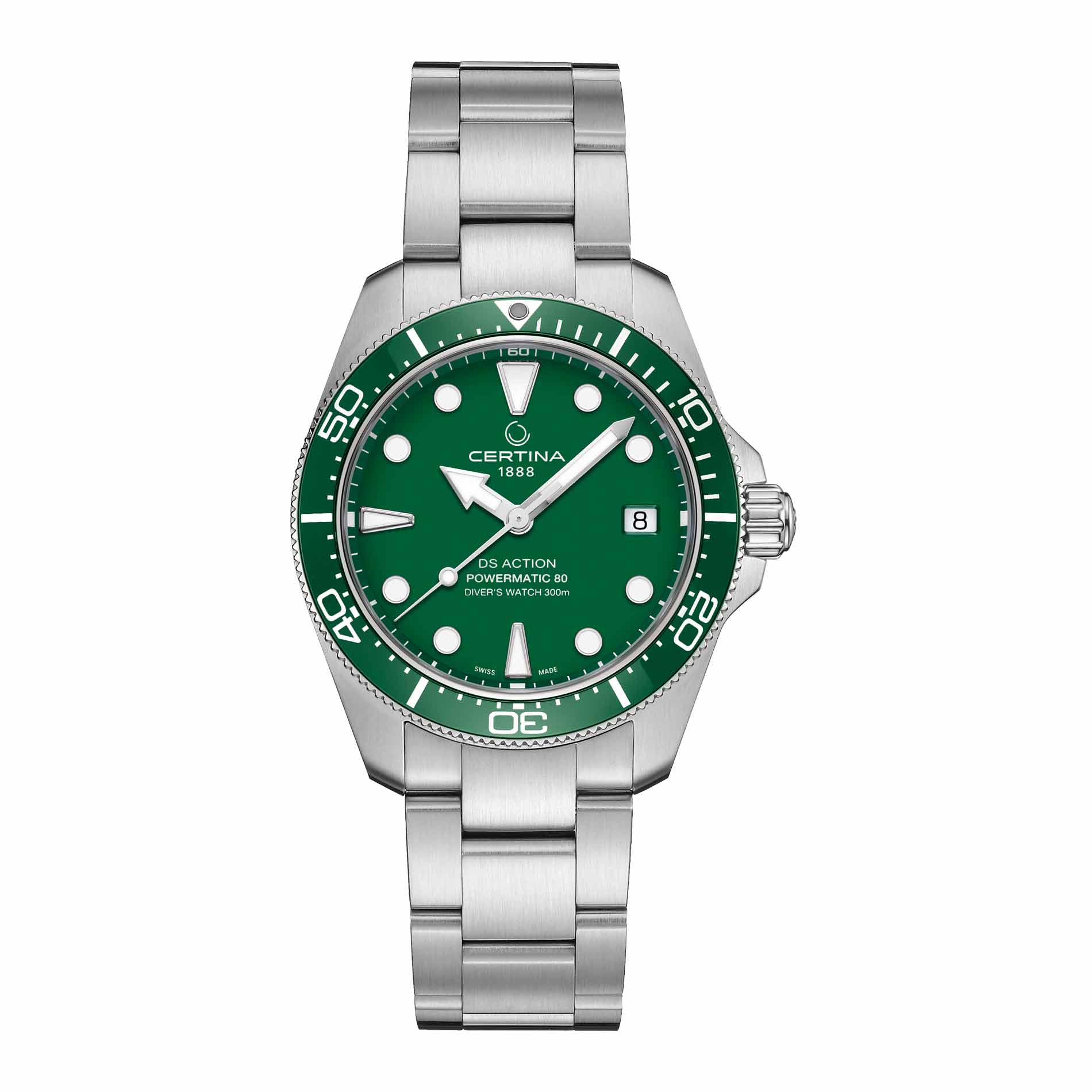Certina DS Action Diver Powermatic 80 38 mm med grøn urskive, keramisk bezel og stållænke