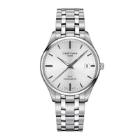 Certina DS 8 herreur i stål med hvid skive, set forfra