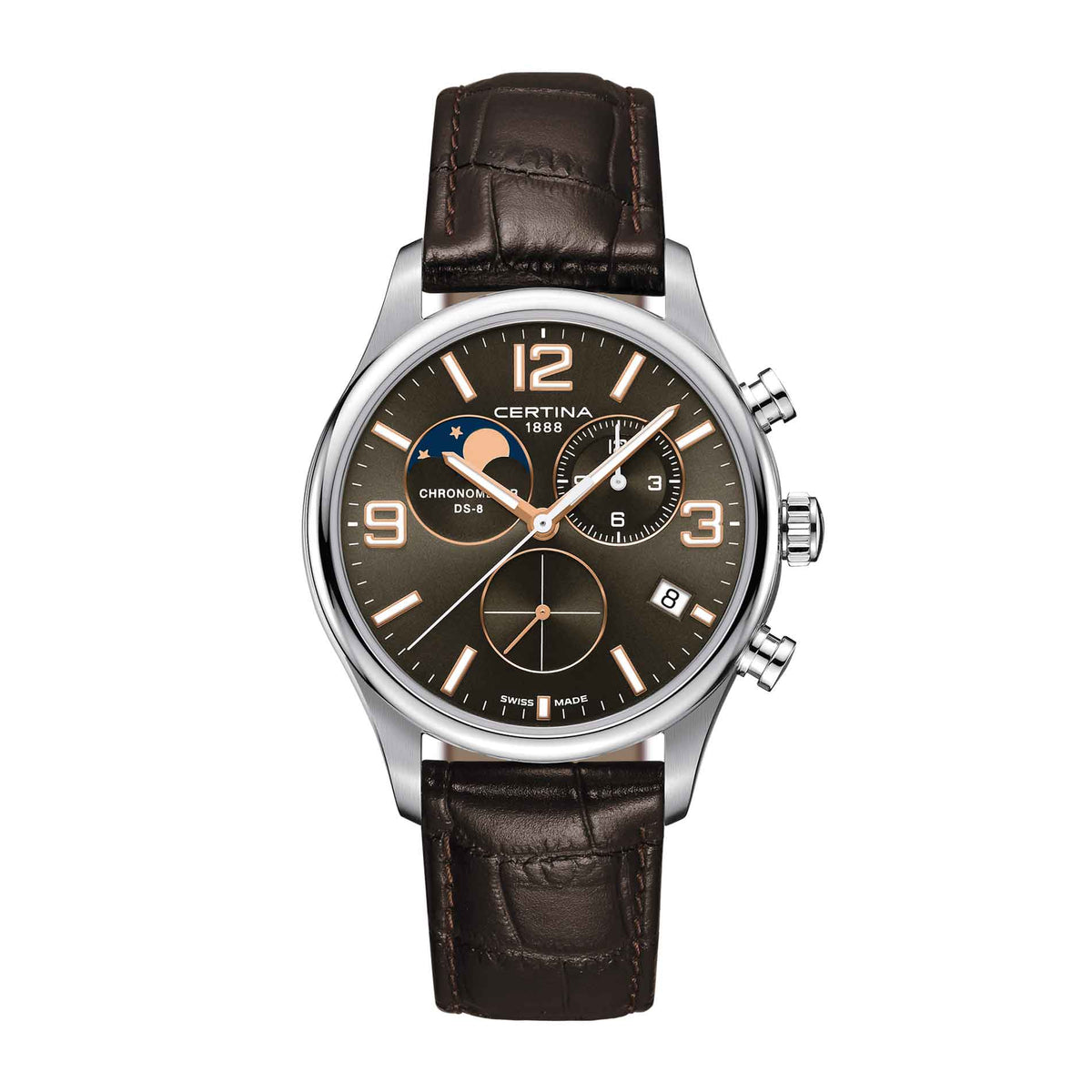Certina DS 8 Moon Phase herreur med brun skive og brun læderrem, set forfra