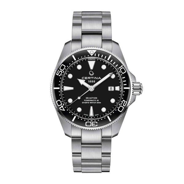 Certina DS Action Diver herreur i rustfrit stål med sort skive, set forfra