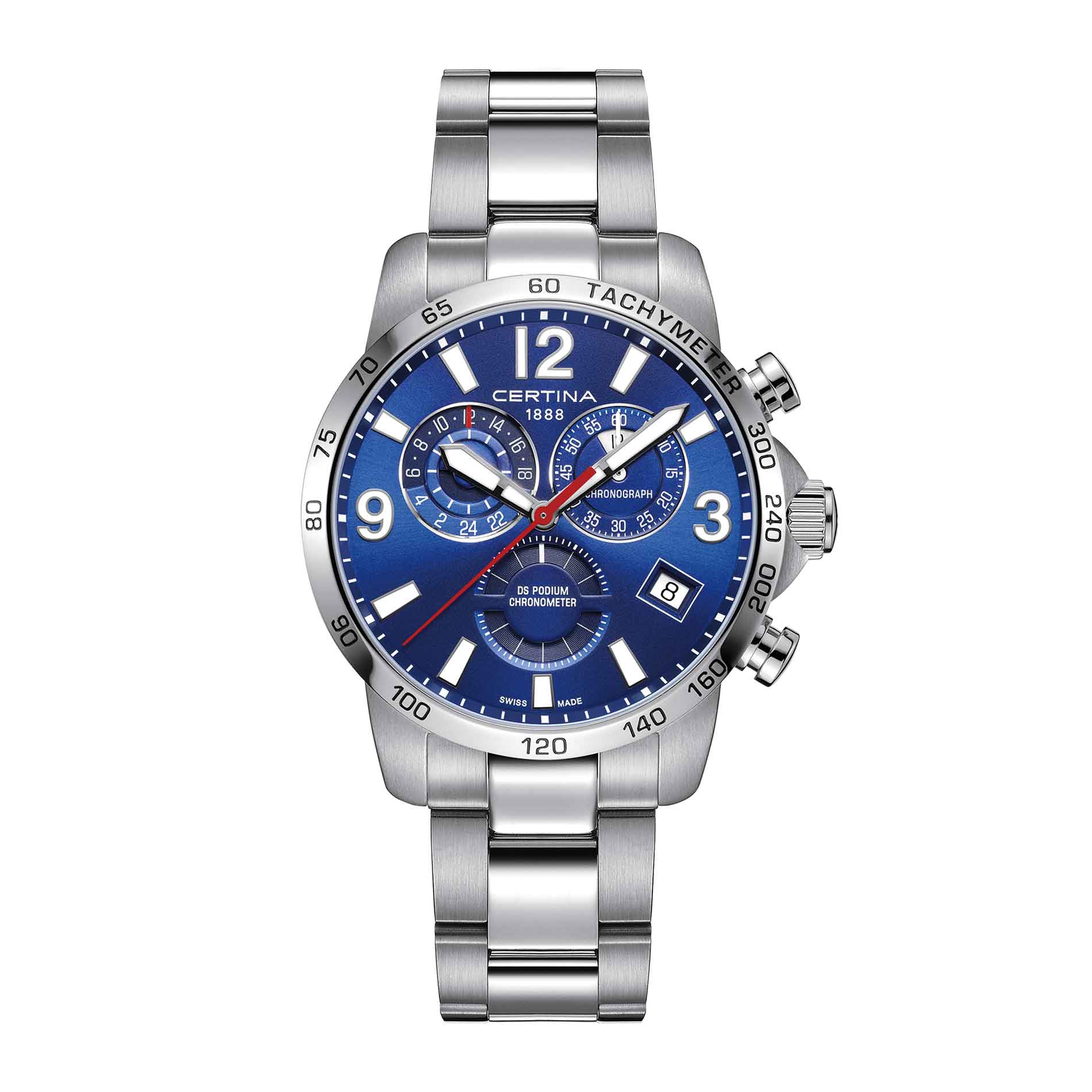 Certina DS Podium GMT herreur i stål med blå skive, set forfra