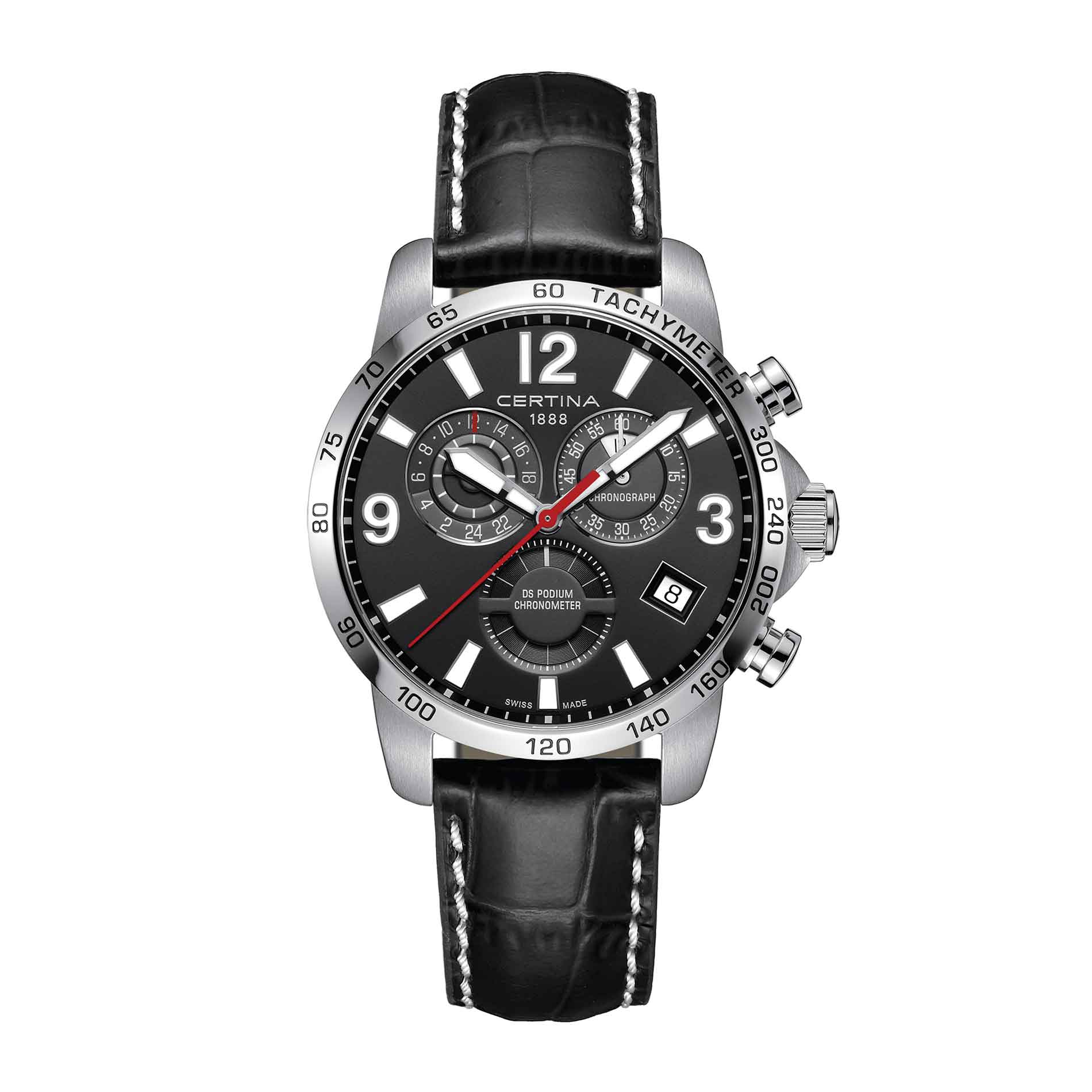 Certina DS Podium GMT herreur med sort skive og sort læderrem, set forfra