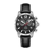 Certina DS Podium GMT herreur med sort skive og sort læderrem, set forfra