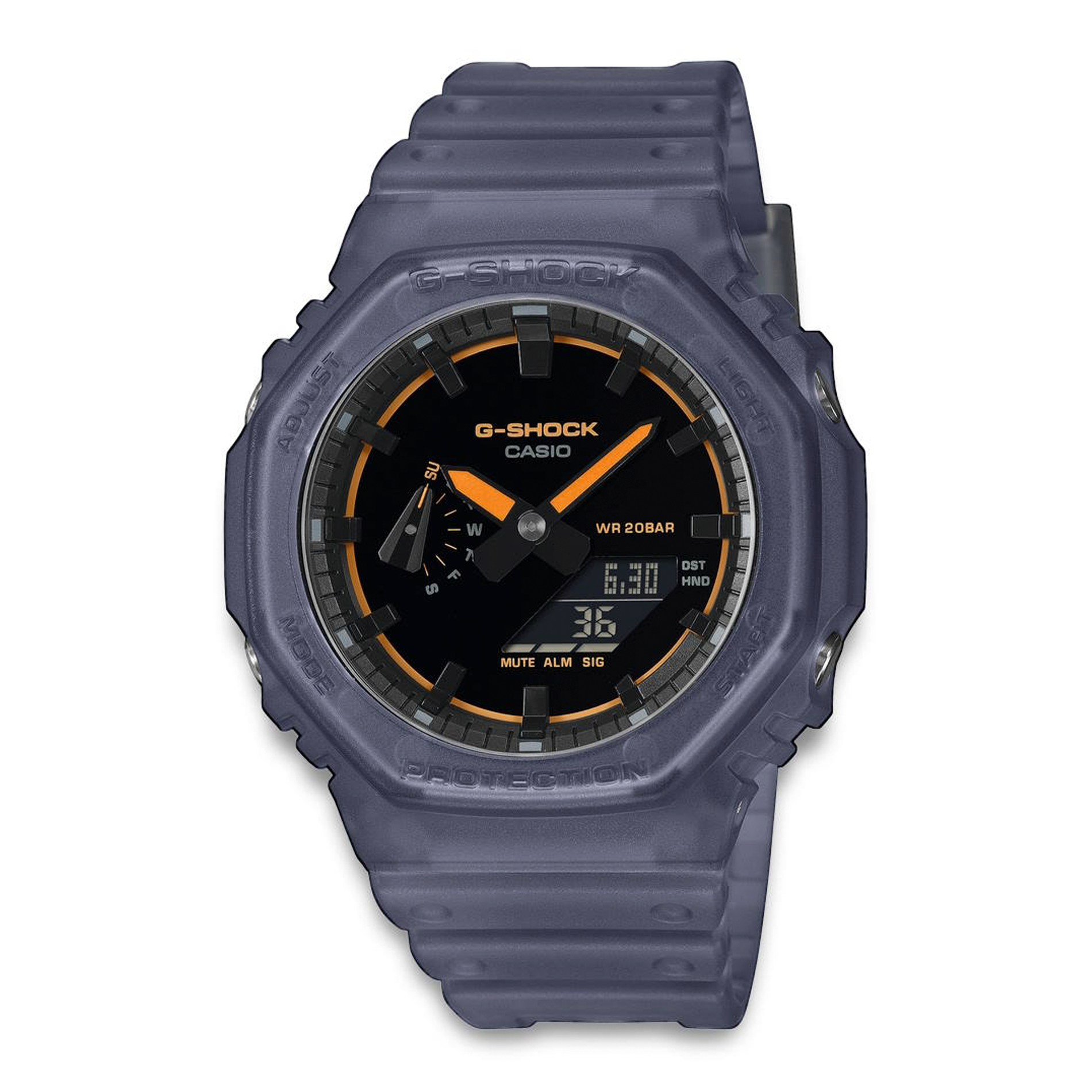 Casio G-Shock GA-2100K-2AER med transparent blå urkasse, sort urskive og orange detaljer
