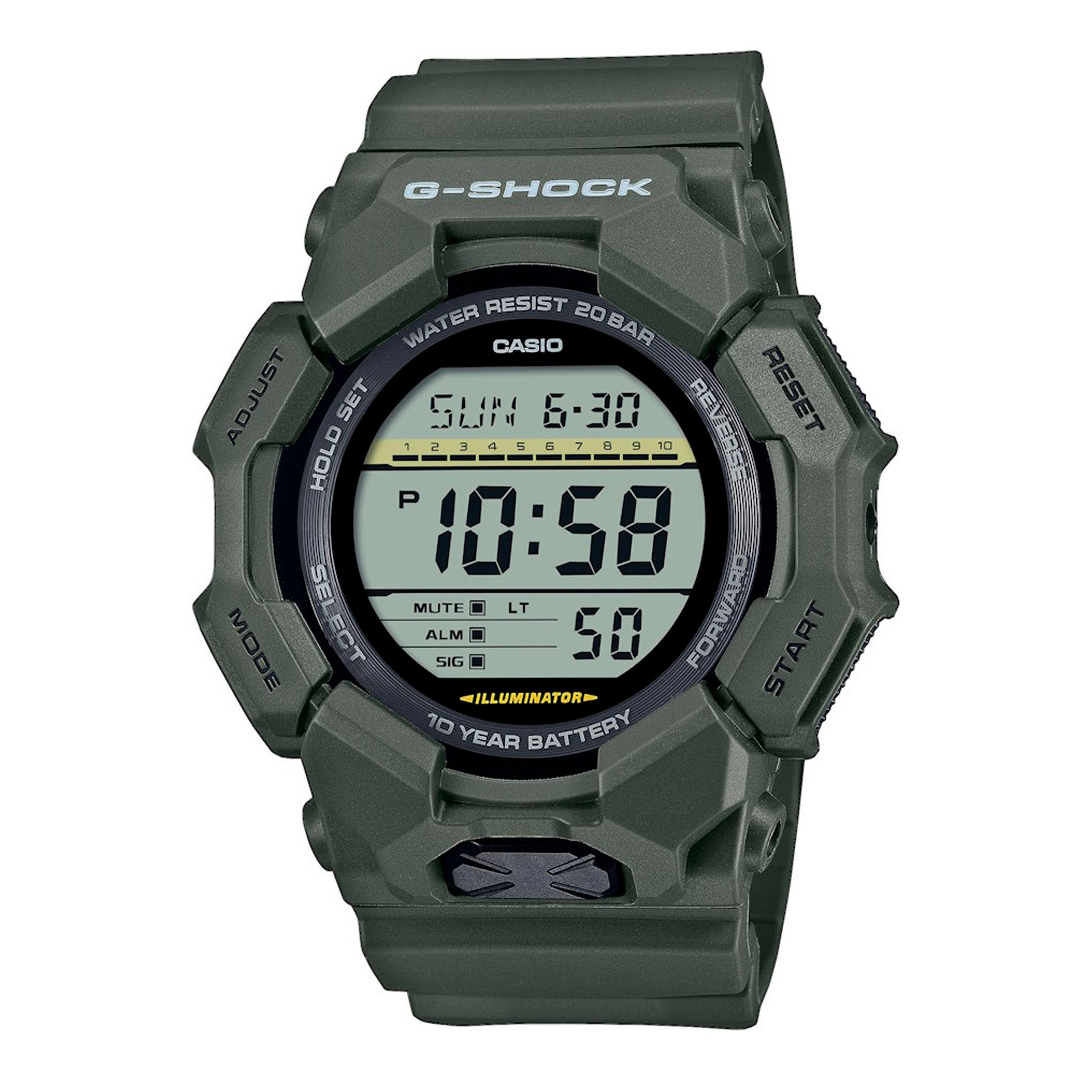 Casio G-Shock GD-010-3ER digitalt herreur med grøn resinrem og 10 års batteri