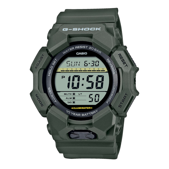 Casio G-Shock GD-010-3ER digitalt herreur med grøn resinrem og 10 års batteri