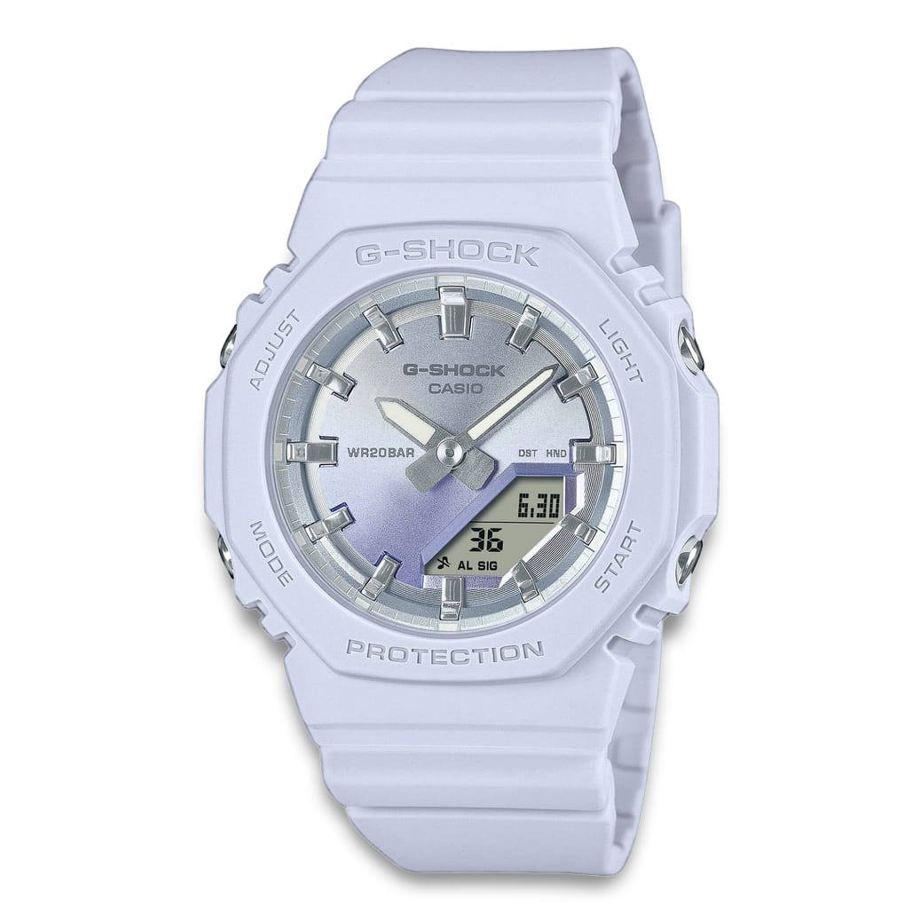 Casio G-Shock GMA-P2100SG-2AER i lys lilla med sølvfarvet urskive og digital visning