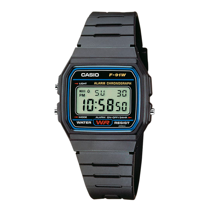 Casio F-91W-1YEG digitalt ur med sort resinrem og klassisk digitalt display