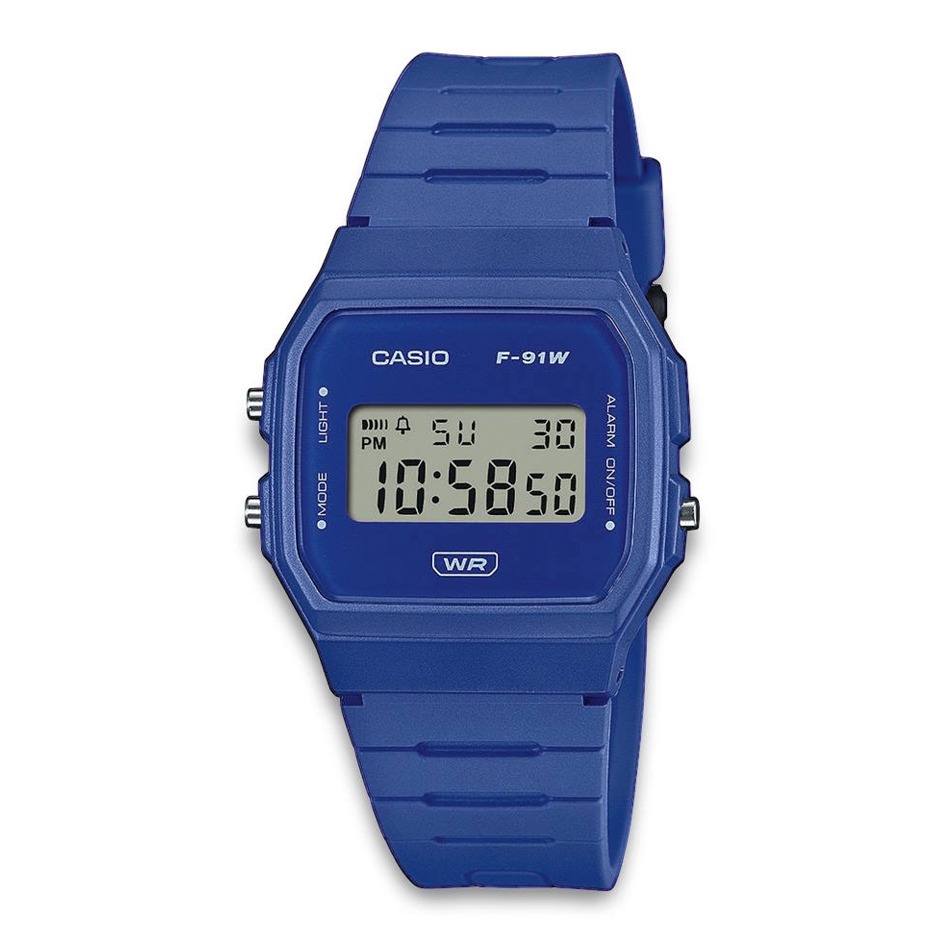Casio F-91WB-2A1EF digitalt ur med blå resinrem og blåt digitalt design