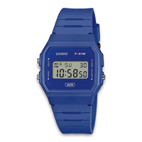 Casio F-91WB-2A1EF digitalt ur med blå resinrem og blåt digitalt design