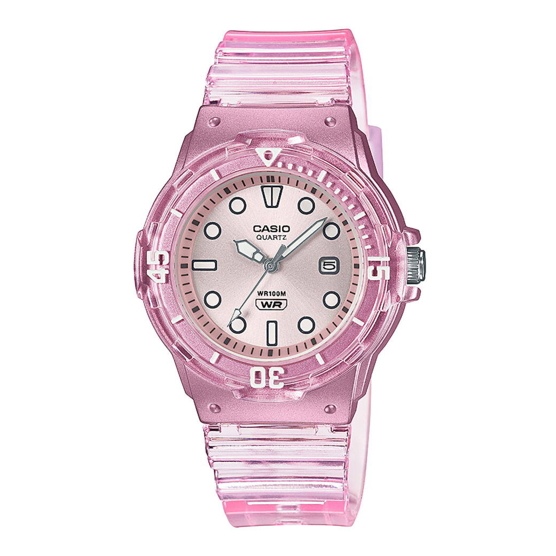 Casio Timeless LRW-200HS-4EVEF dameur med transparent lyserød rem og rosa urskive