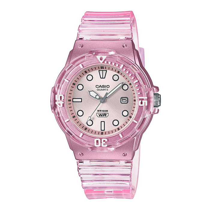 Casio Timeless LRW-200HS-4EVEF dameur med transparent lyserød rem og rosa urskive