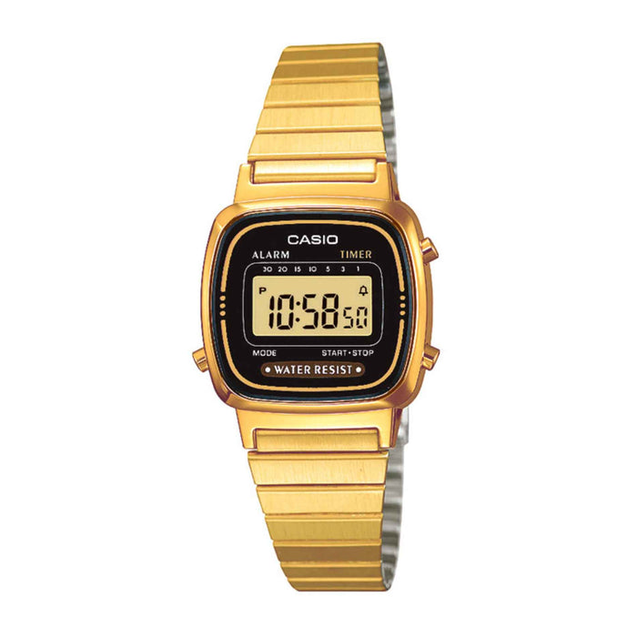 Digitalt ur i guldfarve med sort skive fra Casio