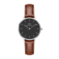 Daniel Wellington ur i rustfrit stål med sort skive og brun læderrem