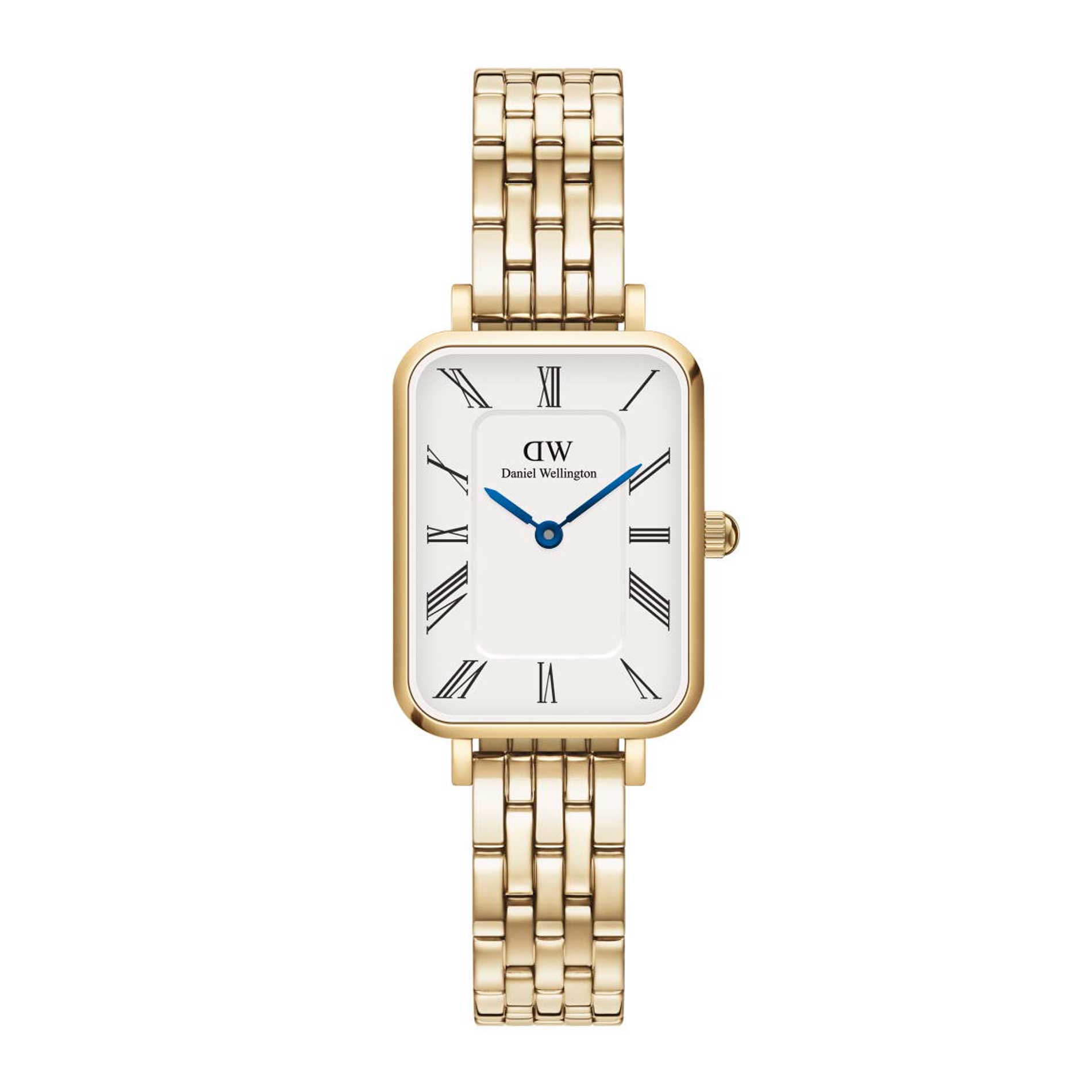 Firkantet ur fra Daniel Wellington med hvid skive i guldtonet stål