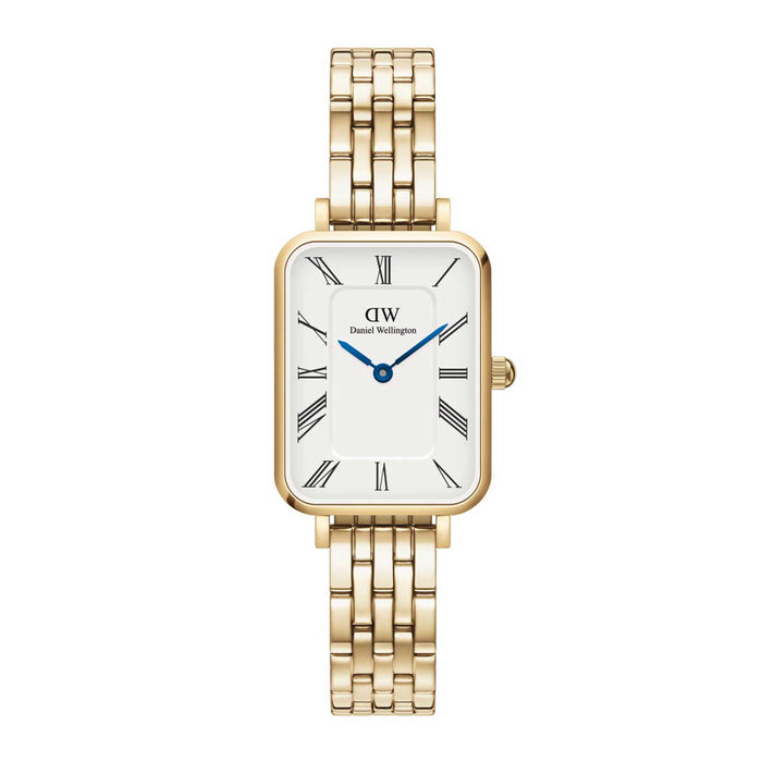 Firkantet ur fra Daniel Wellington med hvid skive i guldtonet stål
