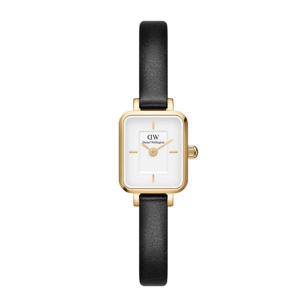 Firkantet ur med hvid skive, guld urkasse og sort læderrem fra Daniel Wellington