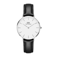 Daniel Wellington ur stål med hvid skive og sort læderrem