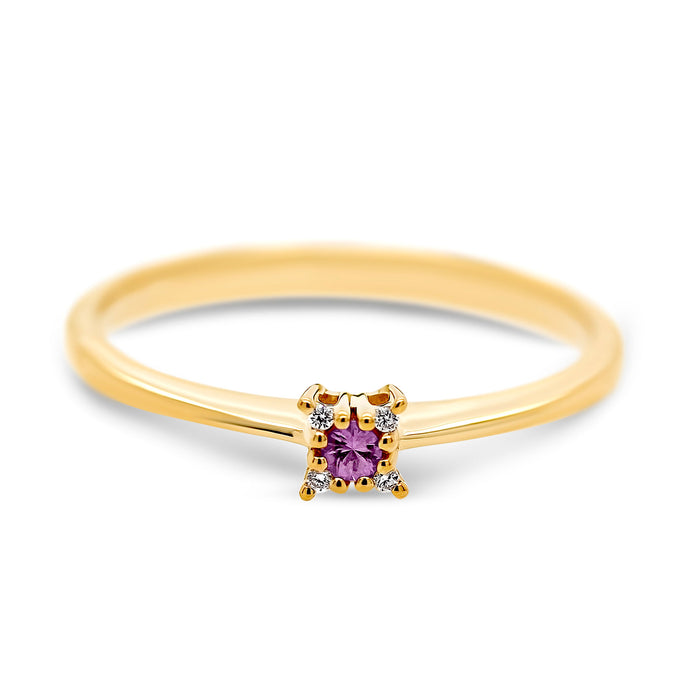 Guldring med diamanter og en pink safir