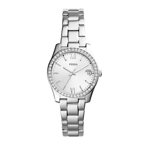Fossil Scarlette Mini dameur i rustfrit stål med sten i kransen. Uret er set forfra.