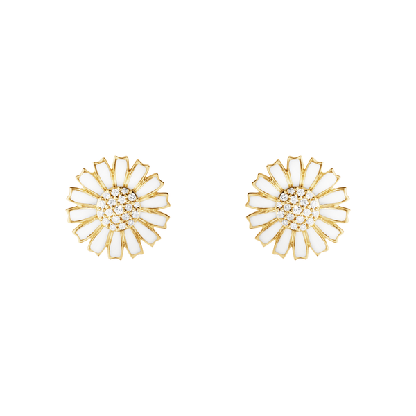 Georg Jensen Daisy ørestikker forgyldt med hvid emalje og diamanter i midten