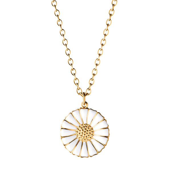 Georg Jensen Daisy halskæde i forgyldt 925 sterlingsølv med 18 mm marguerit i hvid emalje