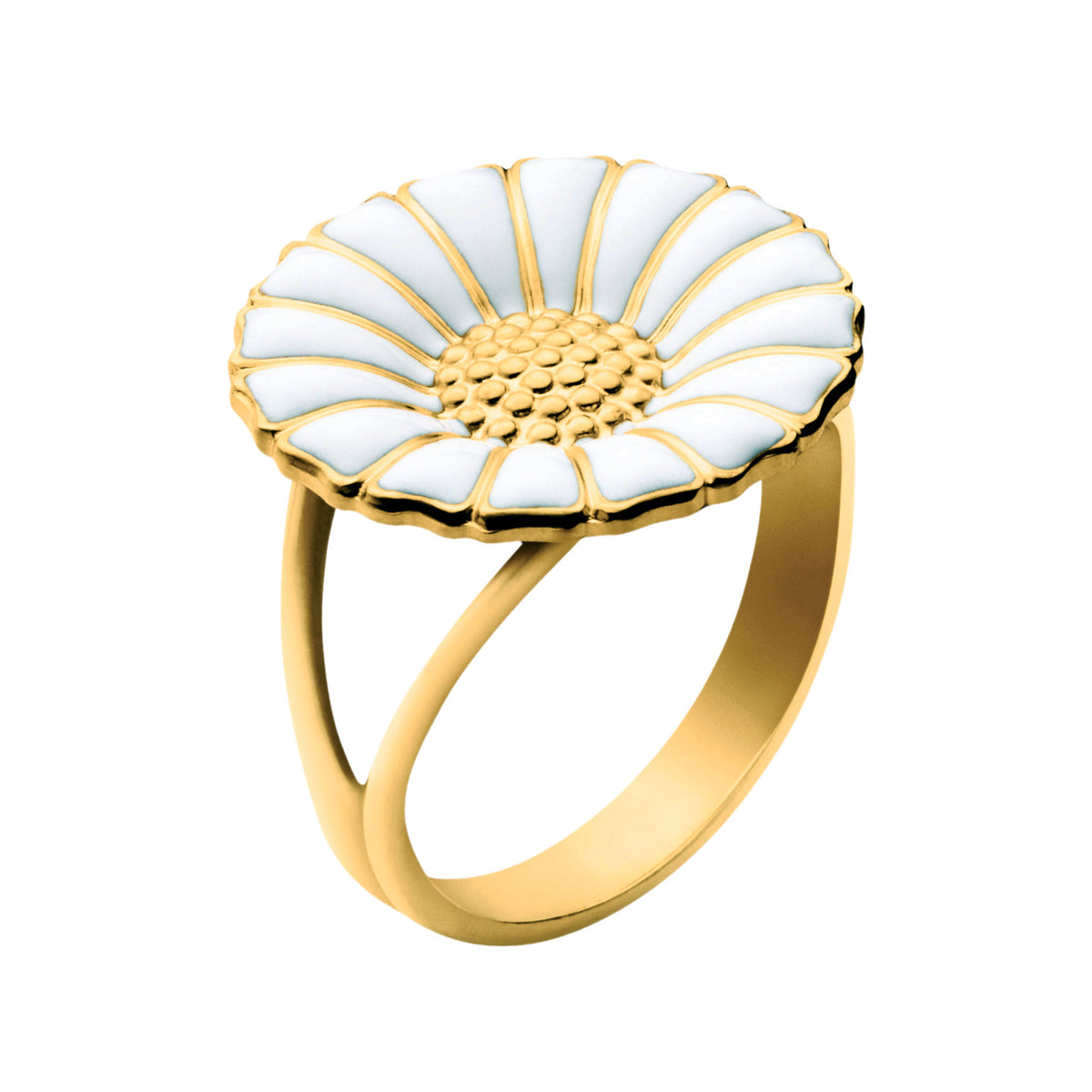 Georg Jensen Daisy stor ring forgyldt med hvid marguerit på 18 mm og delt skinne