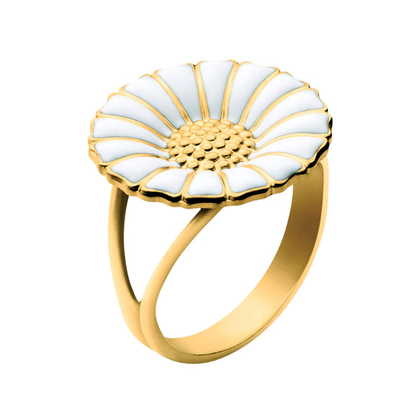 Georg Jensen Daisy stor ring forgyldt med hvid marguerit på 18 mm og delt skinne