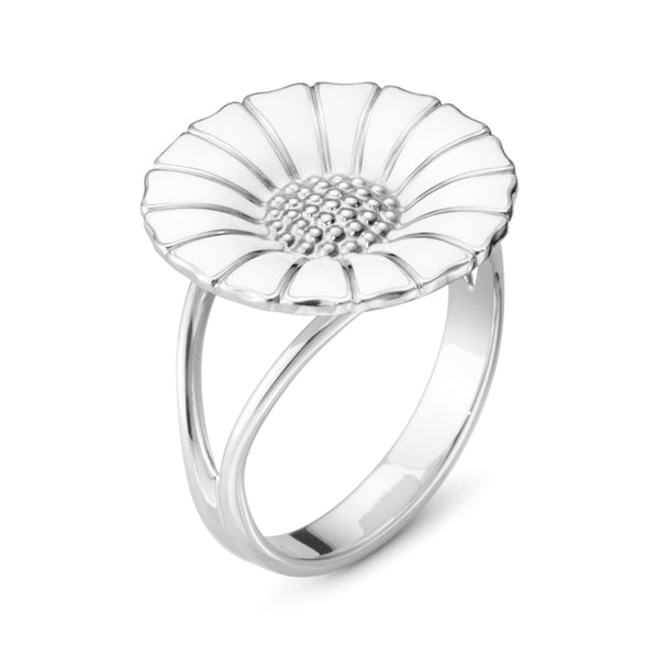 Georg Jensen Daisy stor ring i rhodineret sølv med hvid marguerit og delt skinne