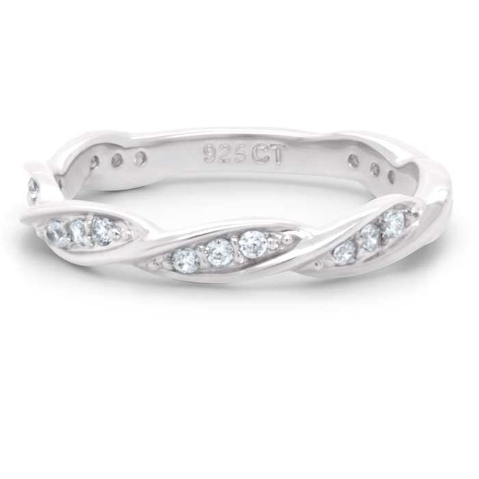 Hazel ring i sterlingsølv med flettet design og zirkonia med hvid baggrund
