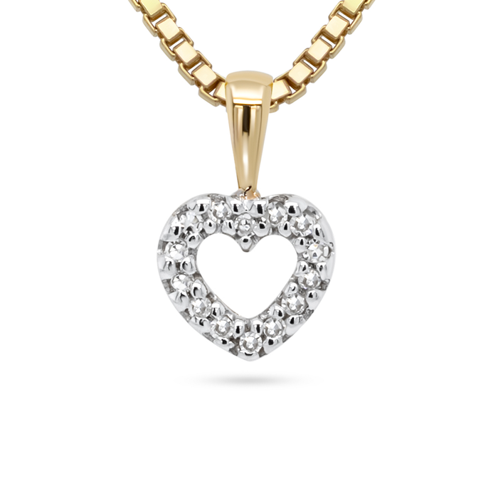 Lilo hjerte vedhæng i 14 kt. guld med diamanter på hvid baggrund