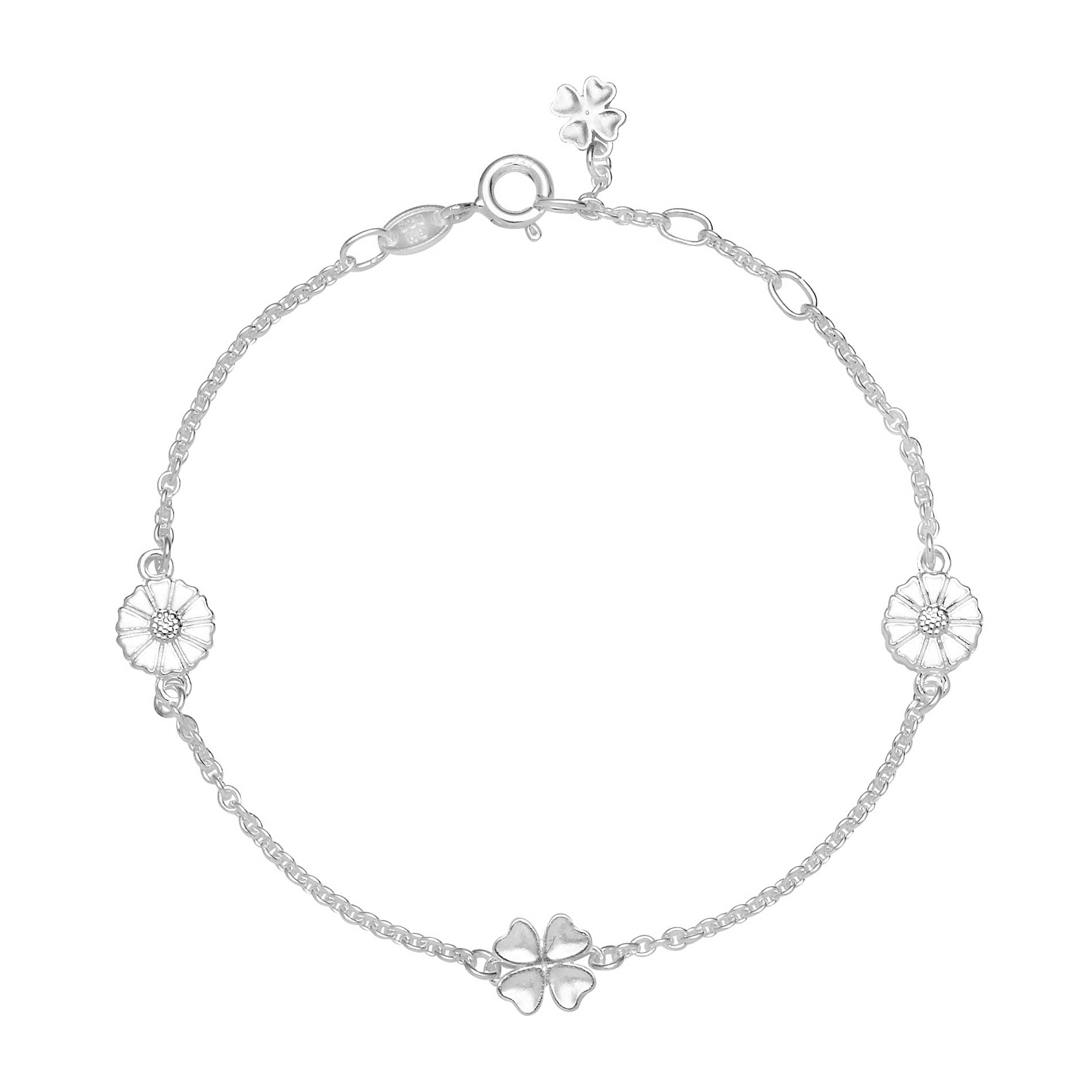Sølv armbånd fra Lund Copenhagen med hvide margueritter og sølv firkløver