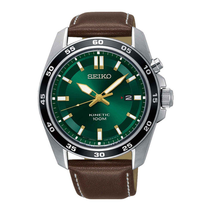 Seiko ur med grøn skive og brun læderrem