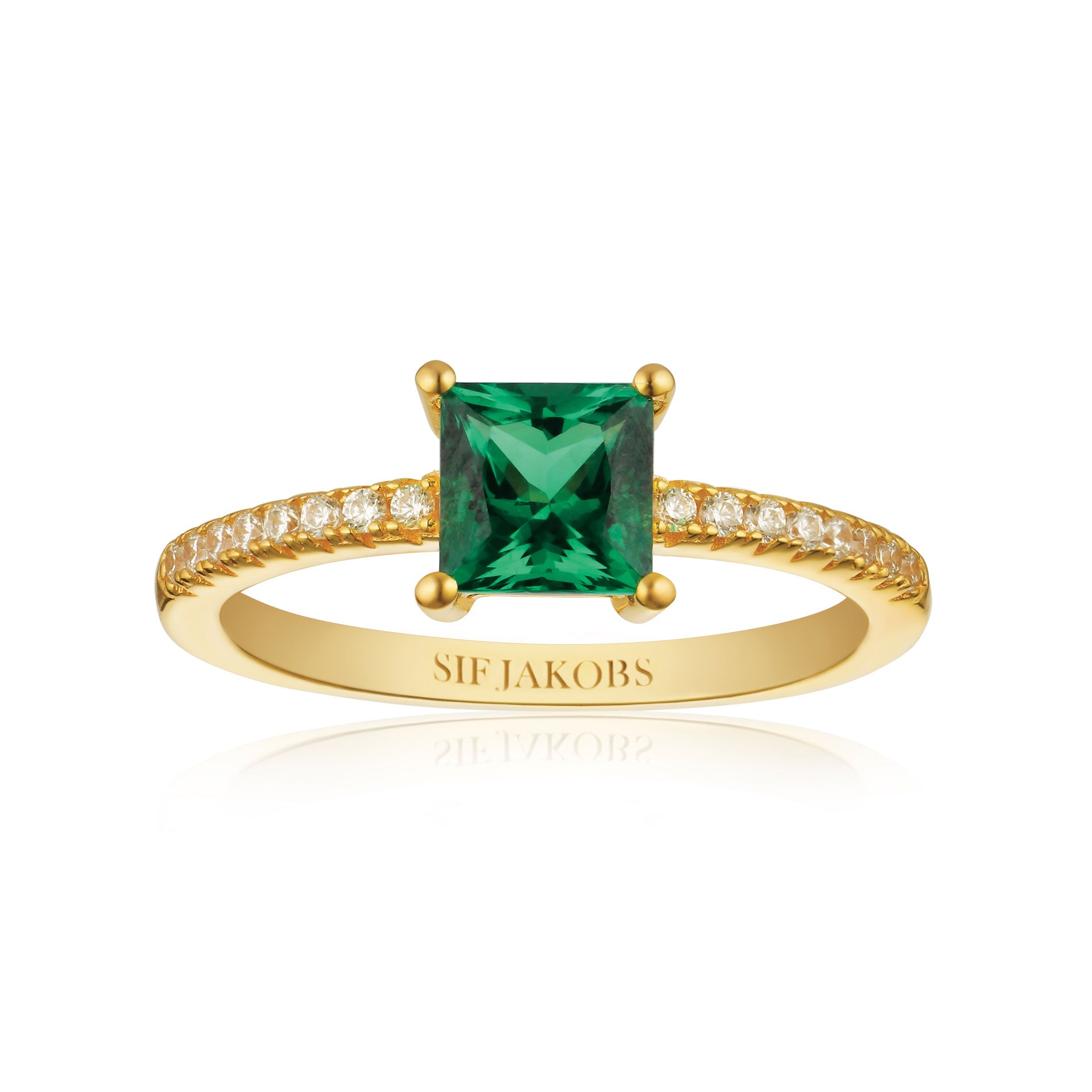 Sif Jakobs Ellera Quadrato ring i forgyldt med grøn og hvide zirkonia sten
