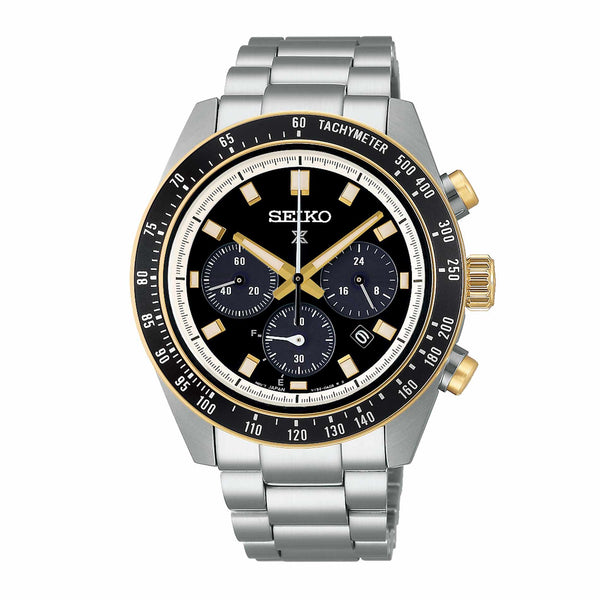 Seiko Prospex ur i stål med sort skive og guld detaljer