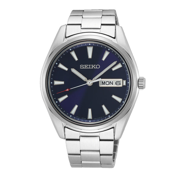 Seiko herreur i stål med dybblå urskive. Uret ses forfra.