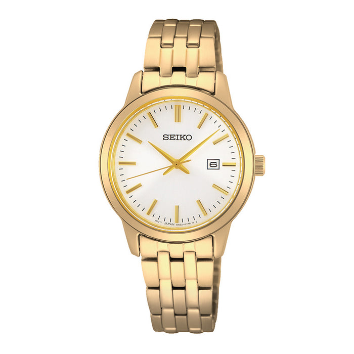 Seiko dameur i guldtonet stål med hvid urskive. Uret ses forfra.