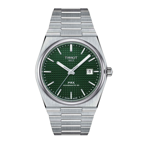 Klassisk automatisk herreur i stål med grøn skive fra Tissot, set forfra