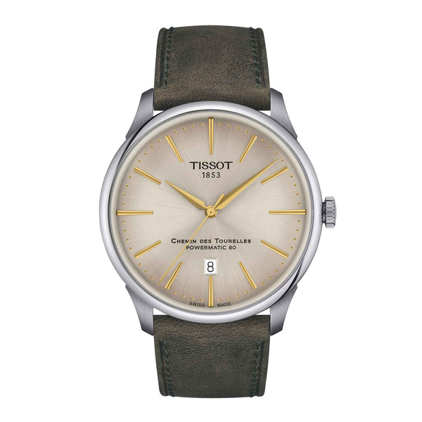 Automatisk herreur fra Tissot med brun læderrem og beige urskive, set forfra