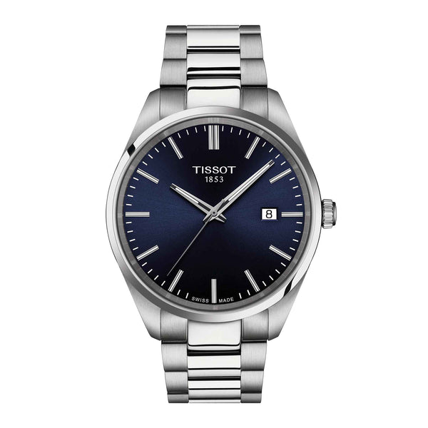 Klassisk herreur fra Tissot i stål med blå urskive, set forfra
