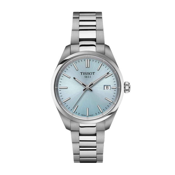 Tissot stål ur med isblå skive og datovisning