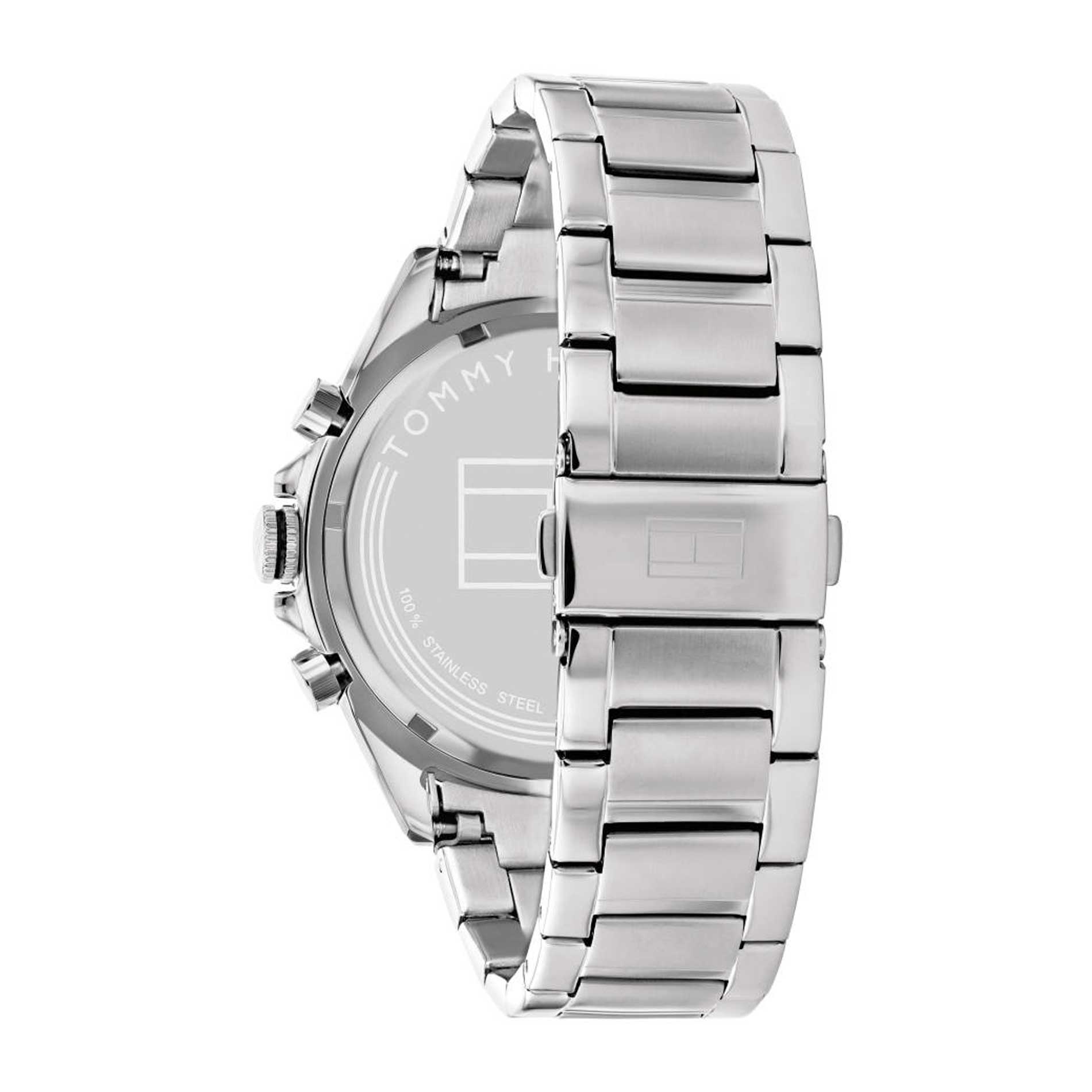 Ur fra Tommy Hilfiger i rustfrit stål med sort skive, set bagfra