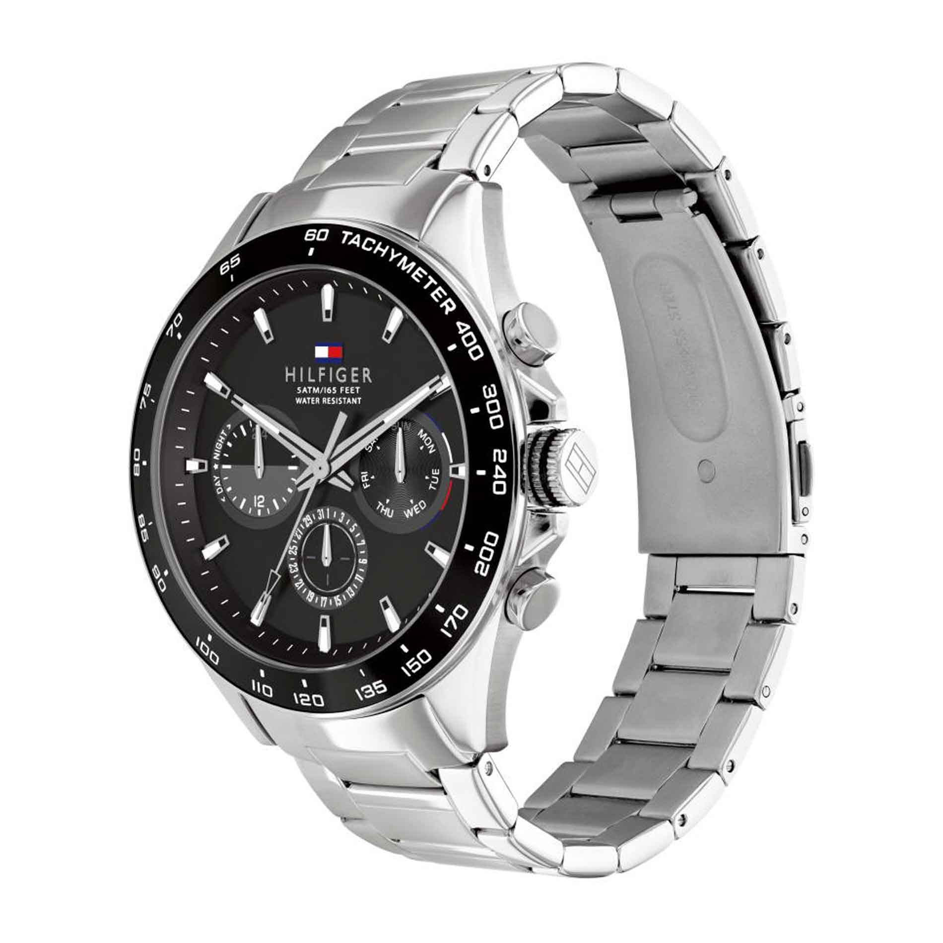 Ur fra Tommy Hilfiger i rustfrit stål med sort skive, set fra siden