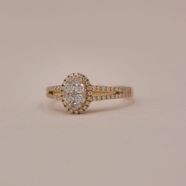 Frontbillede af Vera ring i 18 kt. guld med halo af diamanter