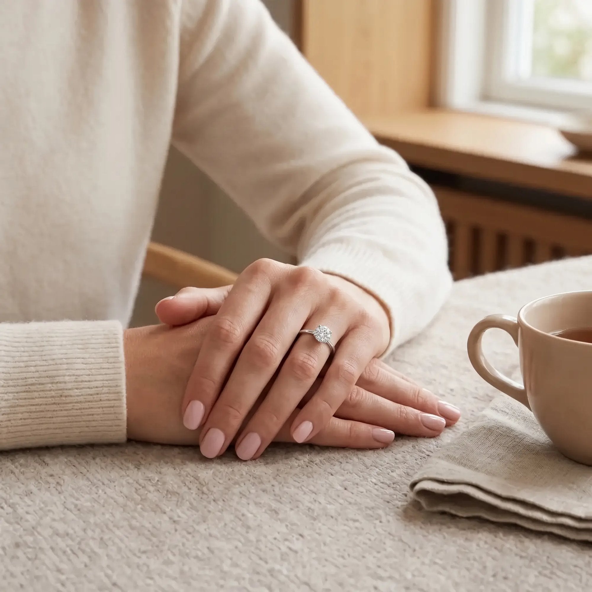 Hænder ved kaffekop med Alma ring i hvidguld med diamanter