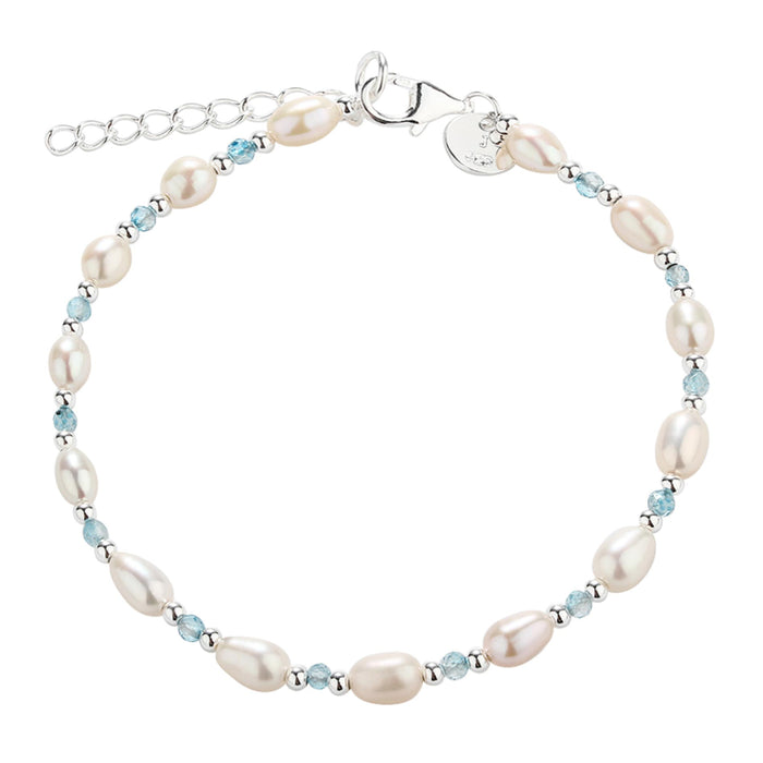 Sølv armbånd med blå, hvide og sølv perler
